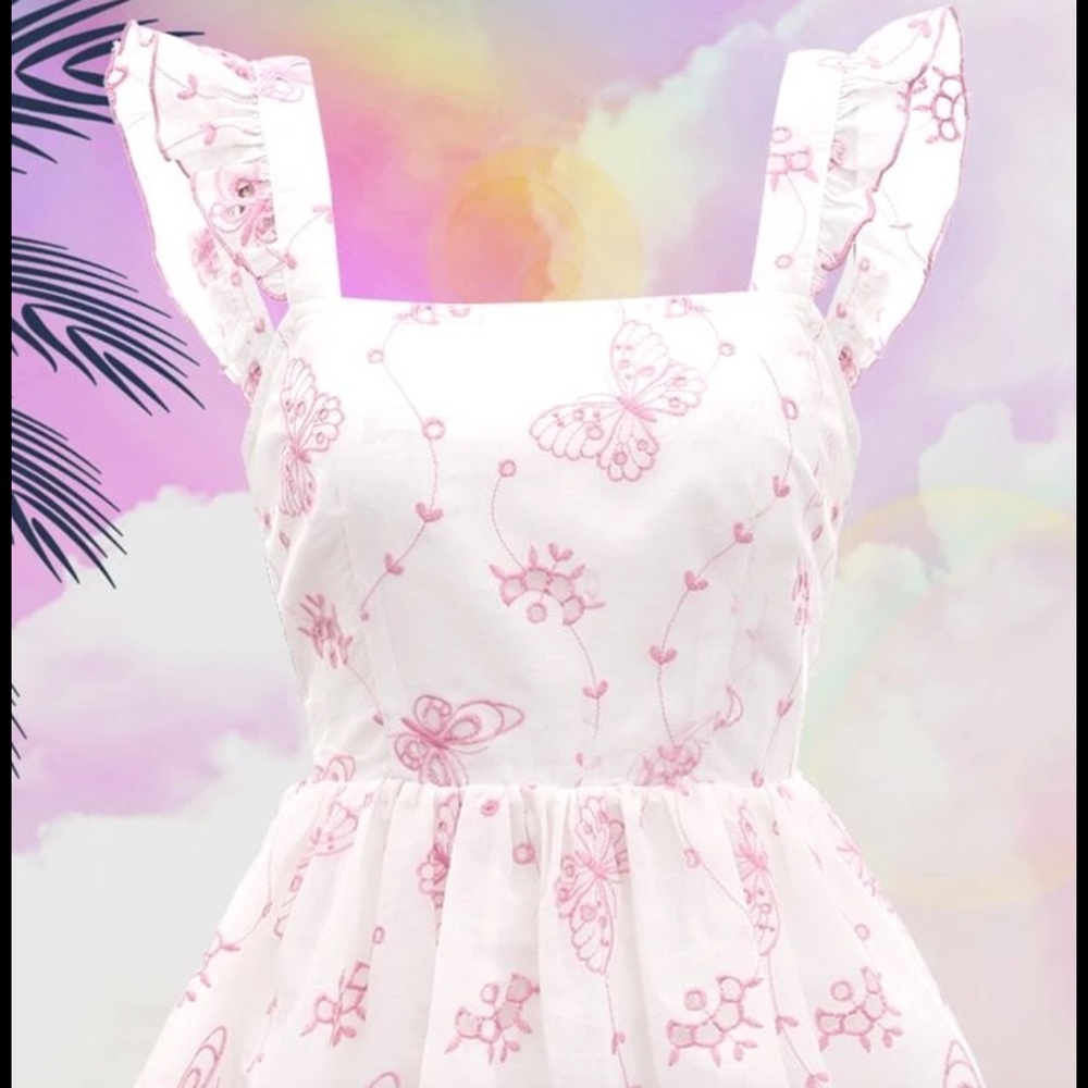 Butterfly Embroidered Dress NEW Scalloped Eyelet Lace Flutter Sleeve Tie Back - Picture 5 of 7